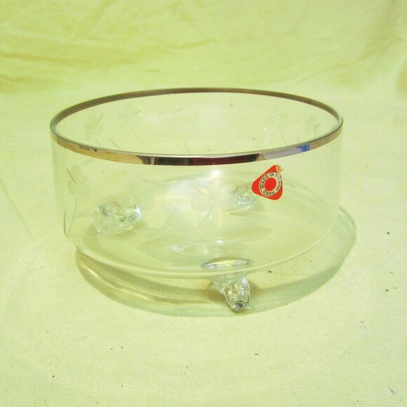 VTG CRYSTAL BOWL MADE IN POLAND, SILVER RIM ETCHED FLOWERS - Picture 1 of 5